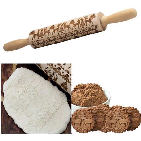 1 Pack Christmas Wooden Rolling Pins,Engraved Carved Embossed Decorating Rolling Pin Kitchen Tool for Baking Biscuit Cookies (14")