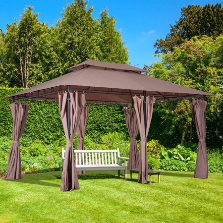 10' x 13' 2-Tier Steel Outdoor Garden Gazebo with Vented Soft Top Canopy and Removable Curtains