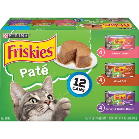 (12 Pack) Friskies Pate Wet Cat Food Variety Pack, Salmon, Turkey & Grilled, 5.5 oz. Cans