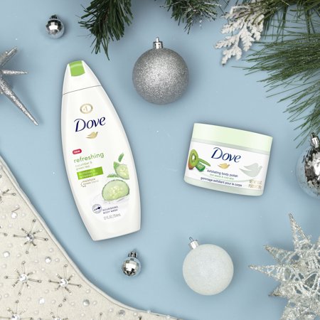 ($12 Value) Dove Radiantly Refreshing Holiday Gift Set (Body Wash, Body Polish, Pouf) 3 Ct