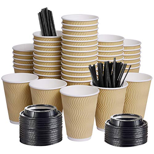 12oz 100 Packs Insulated Kraft Ripple Wall Disposable To Go Paper Coffee Cups for Office Parties Home Travel Corrugated Sleeve Hot Drink Cups with Lids & Straws On Sale At Amazon.com