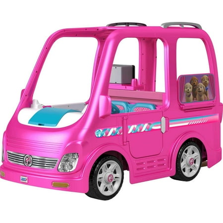 12V Power Wheels Barbie Dream Camper Battery-Powered Ride-On with Music Sounds & 14 Accessories