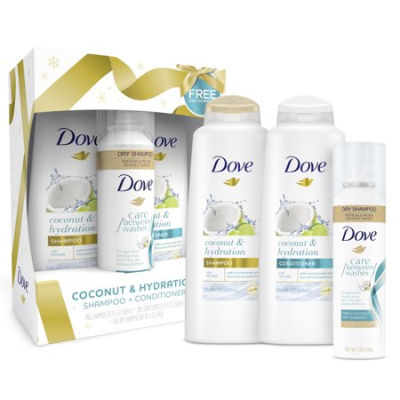 ($13 Value) Dove Coconut and Hydration Hair Holiday Gift Set (Shampoo, Conditioner with Bonus Dry Shampoo) 3 Ct