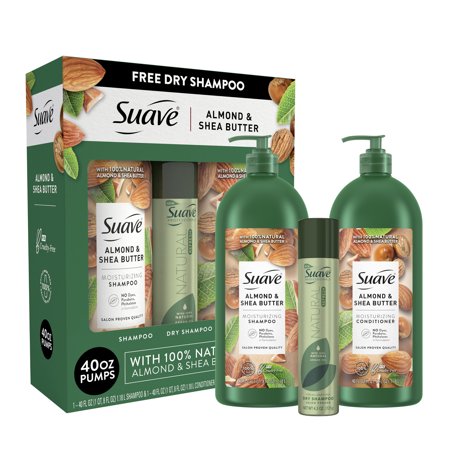($13 Value) Suave Almond & Shea Butter Moisturizing Holiday Gift Set (Shampoo, Conditioner with Bonus Dry Shampoo) 3 Ct