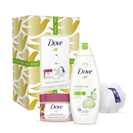 ($14 Value) Dove Radiantly Refreshing Holiday Gift Set (Body Wash, Body Polish with Bonus Pouf) 3 Ct