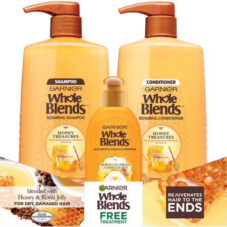 ($16 Value) Garnier Whole Blends Honey Treasures Repairing Holiday Gift Set, 3-Piece, Shampoo, Conditioner & Leave-In Treatment