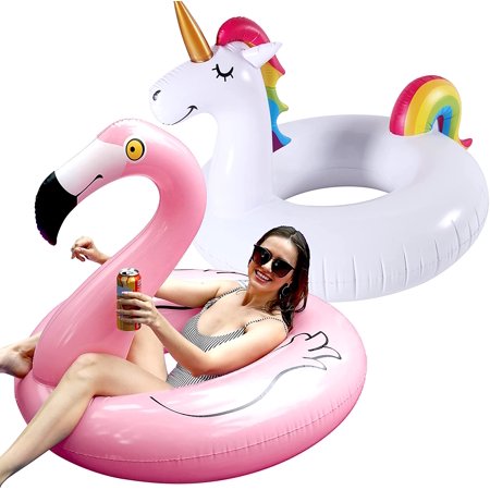 2 Pack 42'' Inflatable Pool Floats Flamingo Unicorn Swim Tube Rings, Beach Floaties, Swimming Toys, Lake and Beach Floaty Summer Toy, Pool Float Raft Lounge for Adults Kids