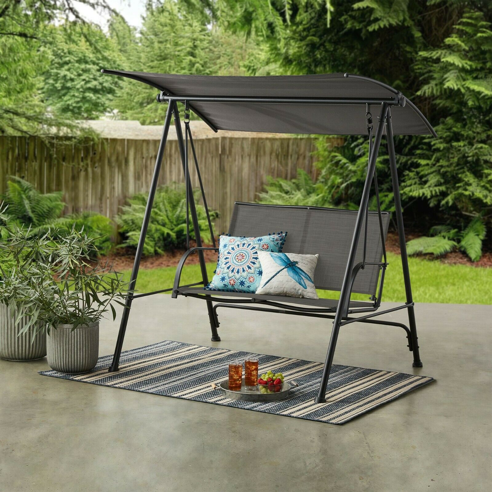 2-Person Canopy Porch Swing Seat Outdoor Patio Steel Conversation Furniture Gray