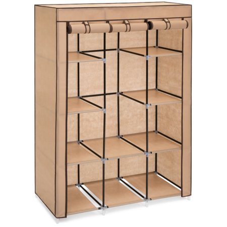 Best Choice Products 10-Shelf Portable Fabric Closet Wardrobe Clothes Storage Rack Organizer w/ Cover - Tan