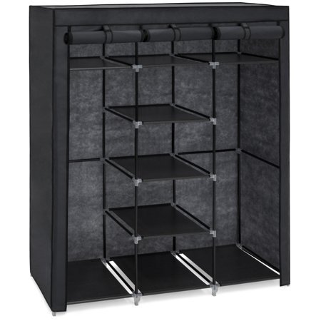Best Choice Products 9-Shelf Portable Fabric Closet Wardrobe Storage Organizer w/ Cover and Adjustable Rods - Black
