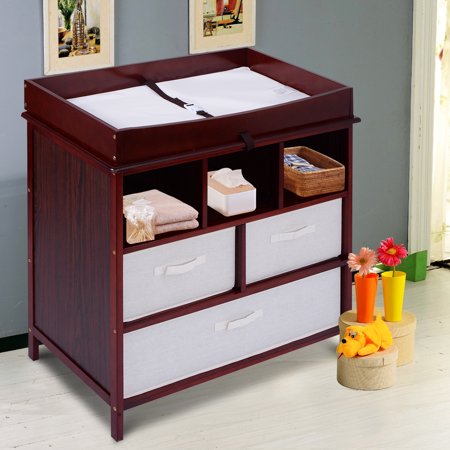 Costway Infant Baby Diaper Station Nursery Furniture Changing Table w/3 Baskets Storage Cherry