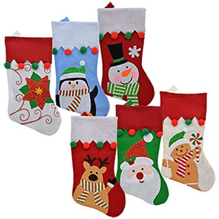 Set of 6 Pack: Christmas House Felt Christmas Character Stockings with Pom-Pom Embellishments, 18 inch