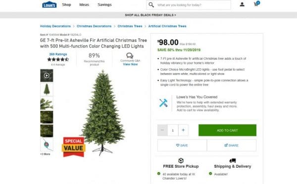 Screenshot 2019 11 18 GE 7 ft Pre lit Asheville Fir Artificial Christmas Tree with 500 Multi function Color Changing LED Li...
