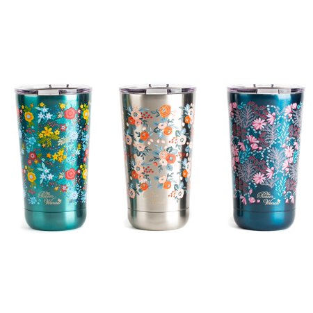 The Pioneer Woman 18-Ounce Double Wall Vacuum Insulated Stainless Steel Tumblers, Set of 3, Navy, Teal, and Silver