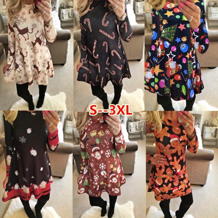 Long Sleeve Xmas Womens Dress Santa Christmas Party Swing Flared Skater Dresses...