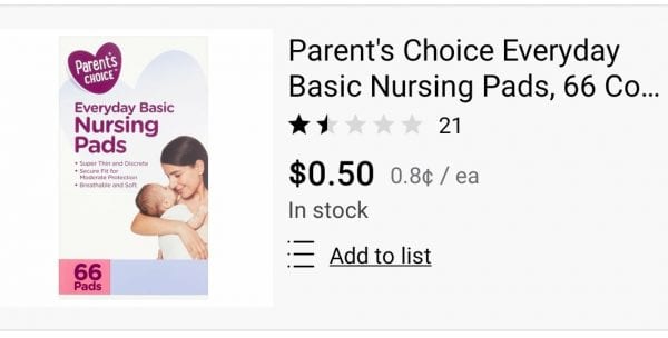 Parent’s Choice Nursing Pads only $.50!