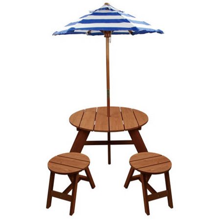 Wood Round Table with Umbrella and 2 Chairs