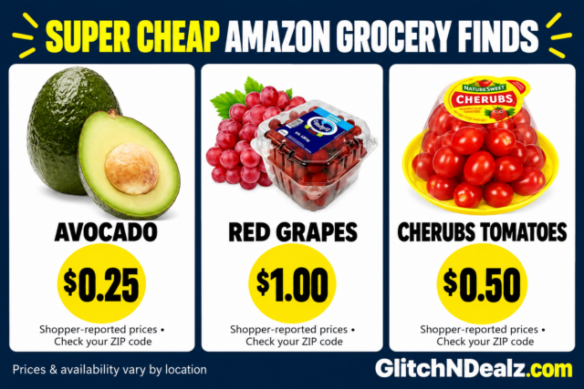 Amazon grocery finds collage showing avocado, red grapes and Cherubs tomatoes with shopper-reported prices that vary by ZIP code