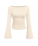 PRETTYGARDEN Womens Bell Long Sleeve Ribbed Knit Tops,Beige,M | Trendy Boat Neck Y2K Cropped Going Out Tops, Ruched Slim Fit Cute Garment Friendly Shirts, Fall Outfits, Fashion Clothing