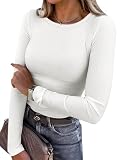 ANRABESS Women Long Sleeve Shirts Ribbed Fitted Tops,White,M