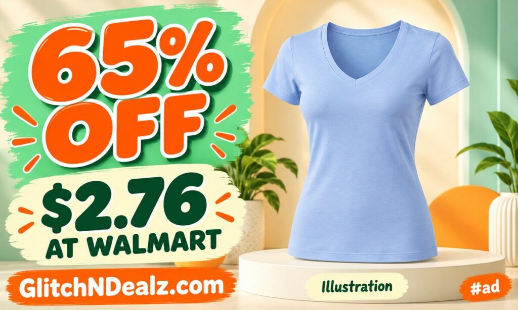 Illustration of the Bashful Blue Scoop Refined Contour V-Neck Tee with verified $2.76 Walmart price and 65% savings