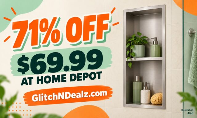 Illustration of an AKDY brushed stainless-steel double-shelf shower niche with 71% off and $69.99 Home Depot deal text