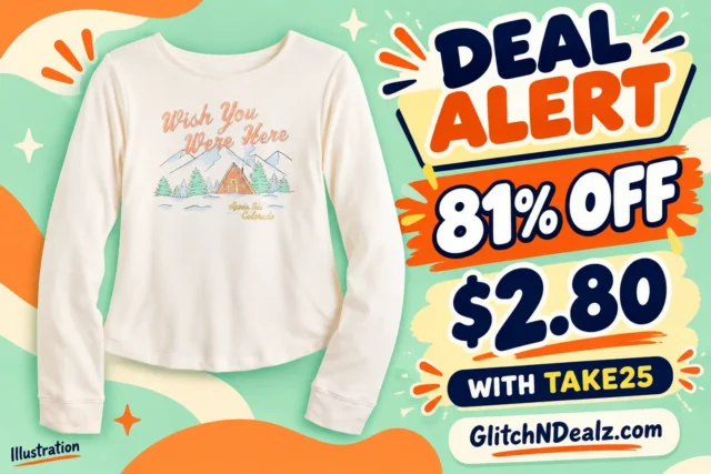 Illustrated GlitchNDealz deal card for the SO Girls Wish You Were Here cream long-sleeve graphic baby tee at Kohl's for $2.80 with TAKE25, 81% off.