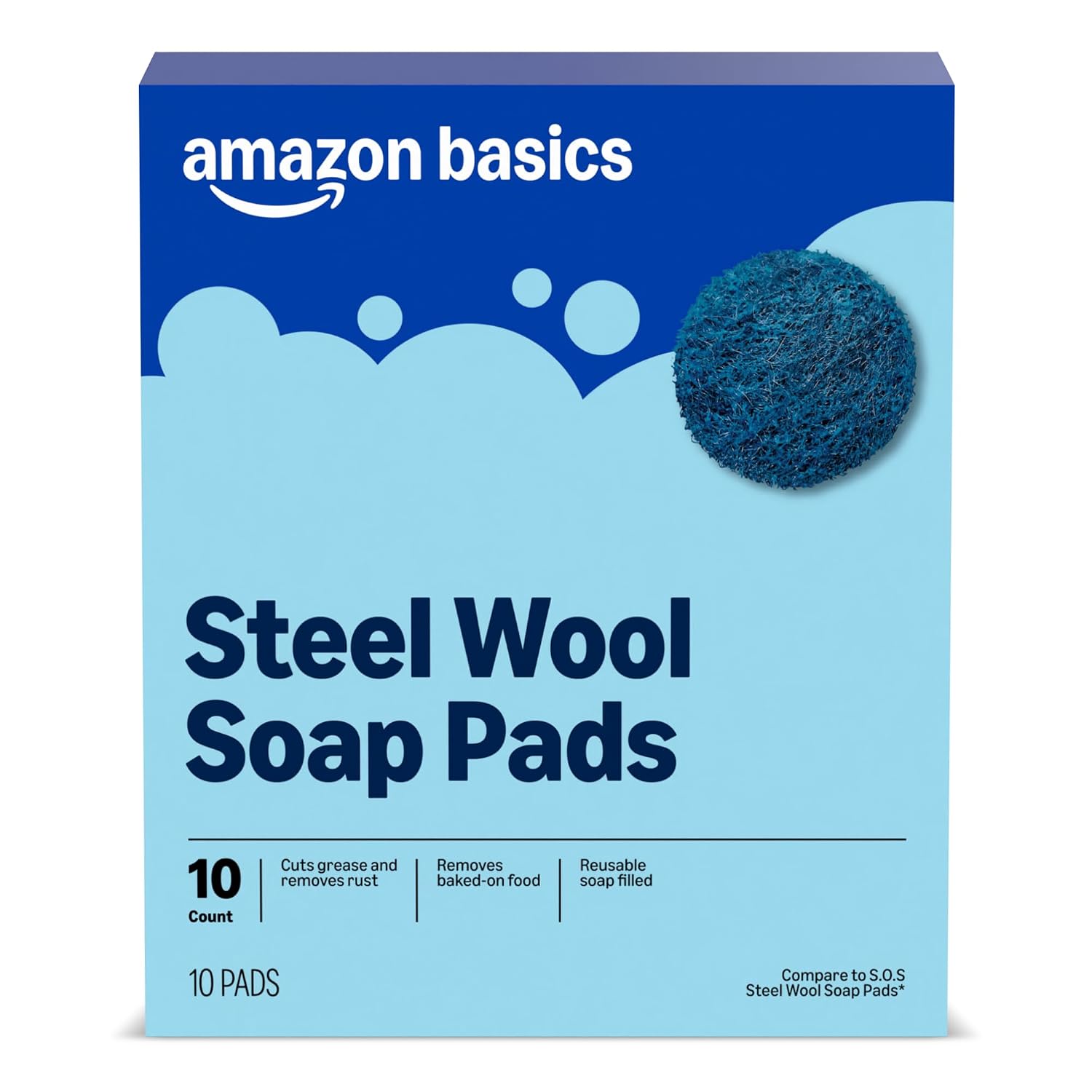 Amazon Basics steel wool soap pads, 10-count package