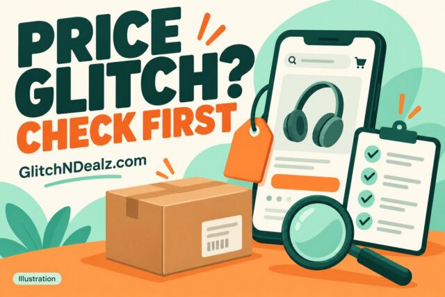 Illustration of a shopper checking a possible Amazon price glitch before buying