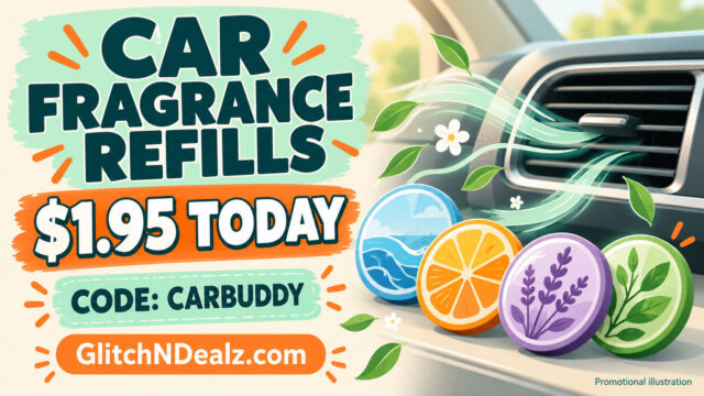 Promotional illustration for the Bath & Body Works car fragrance refill offer showing a car vent, abstract refill icons, the $1.95 price and code CARBUDDY