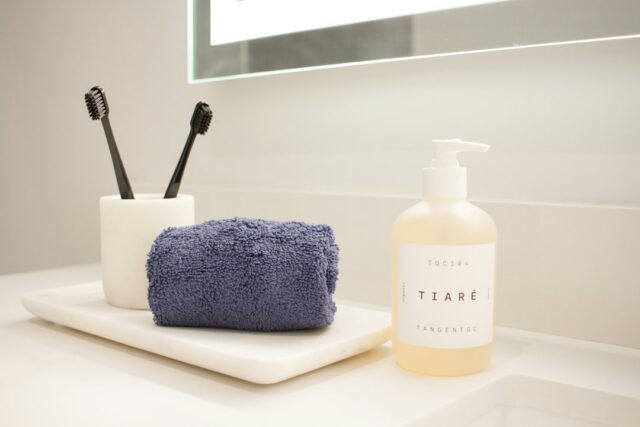 Bathroom countertop with toiletries; illustrative photo, not the Oral-B iO product