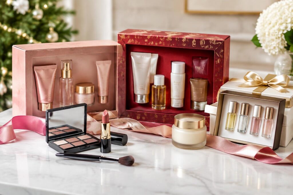 Unbranded beauty gift boxes and cosmetics in an illustrative display