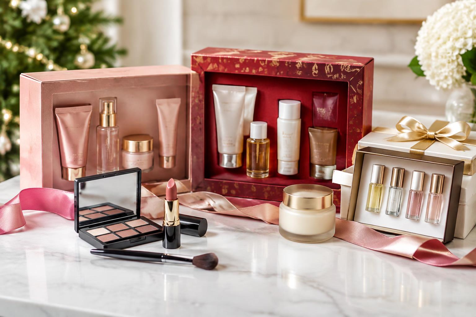 Unbranded beauty gift boxes and cosmetics in an illustrative display