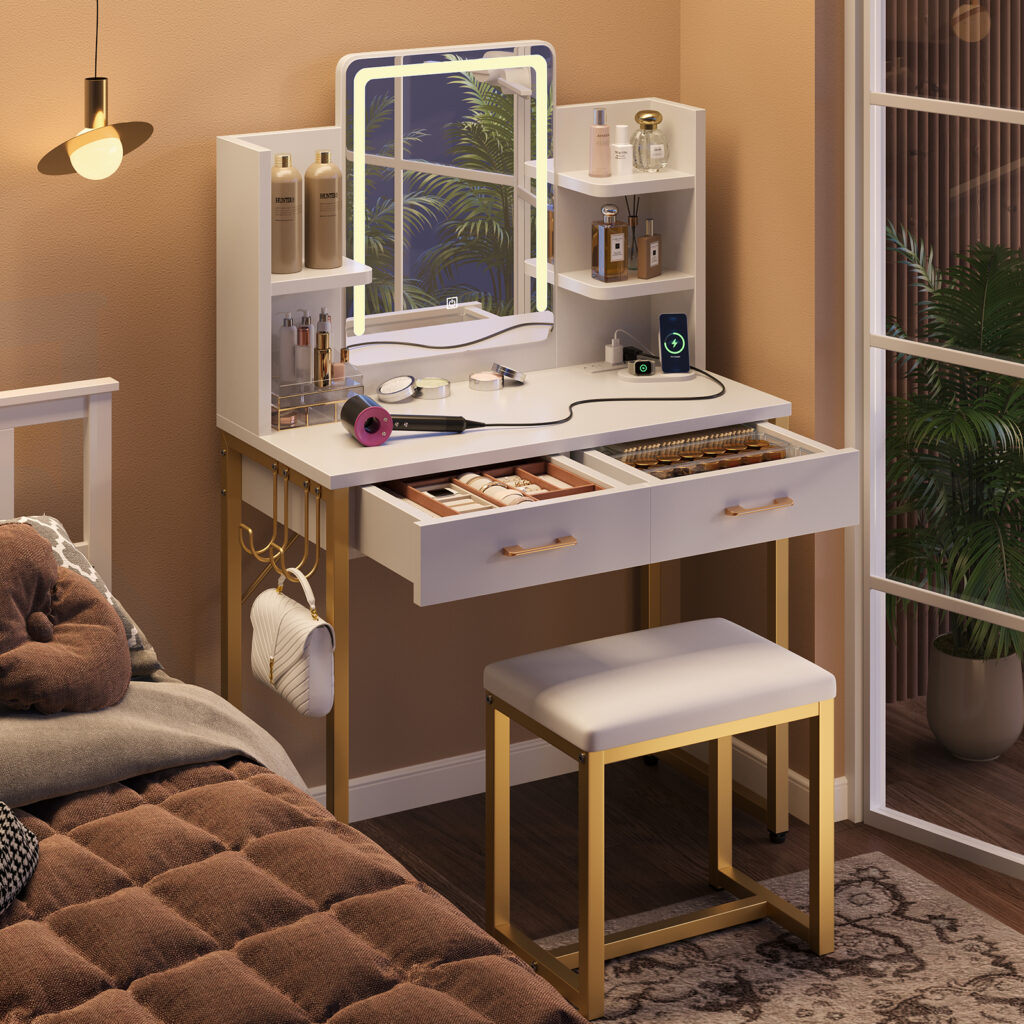 Bestier white makeup vanity with lighted mirror, drawers, power outlet and cushioned stool