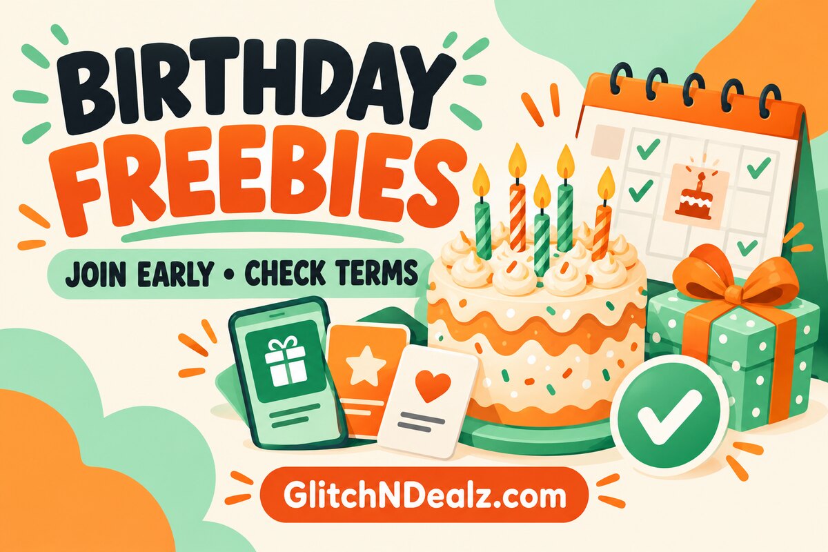 Illustration of a birthday cake, gift, calendar and checklist for joining rewards early and checking terms