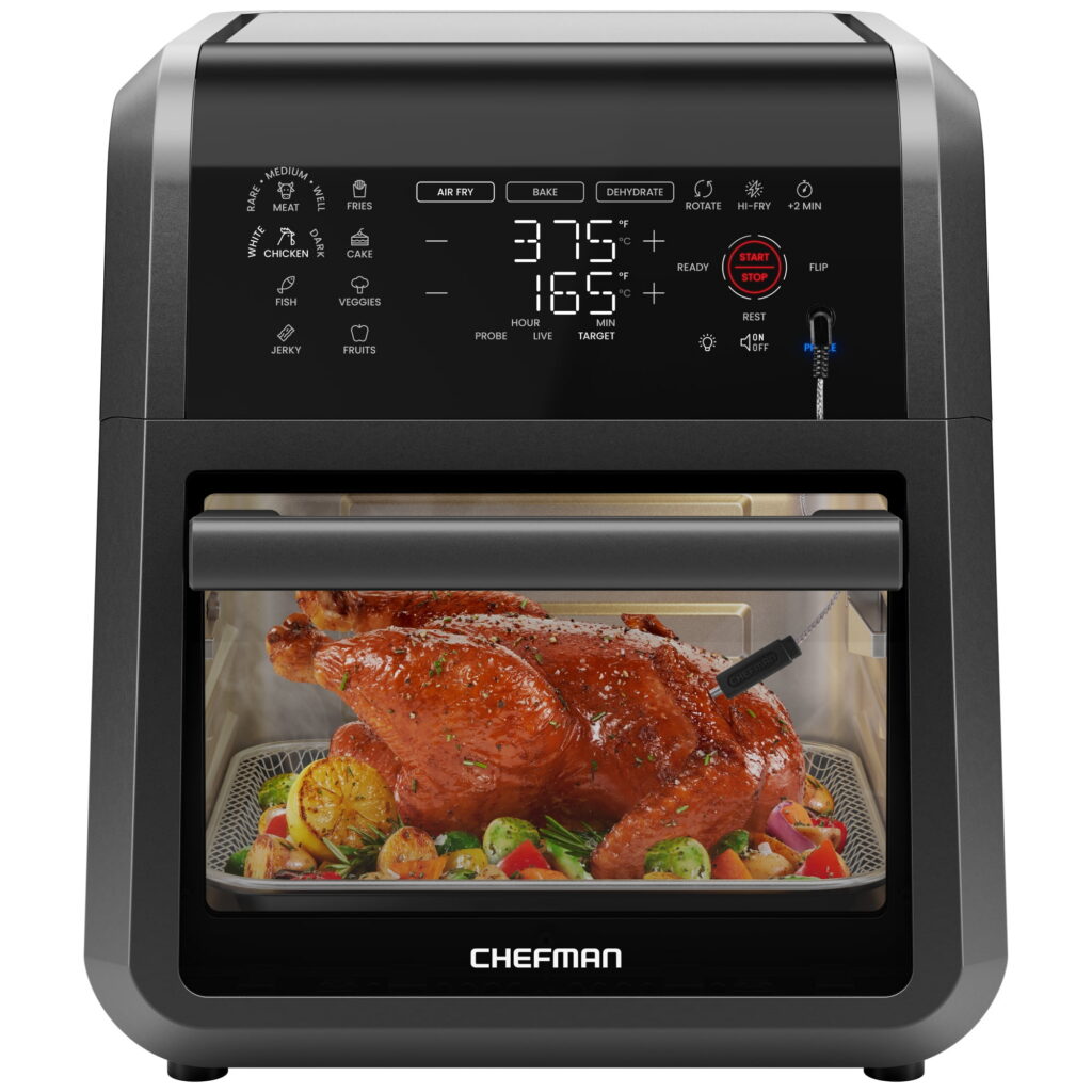 Chefman 12-quart black air fryer with integrated smart thermometer and digital controls