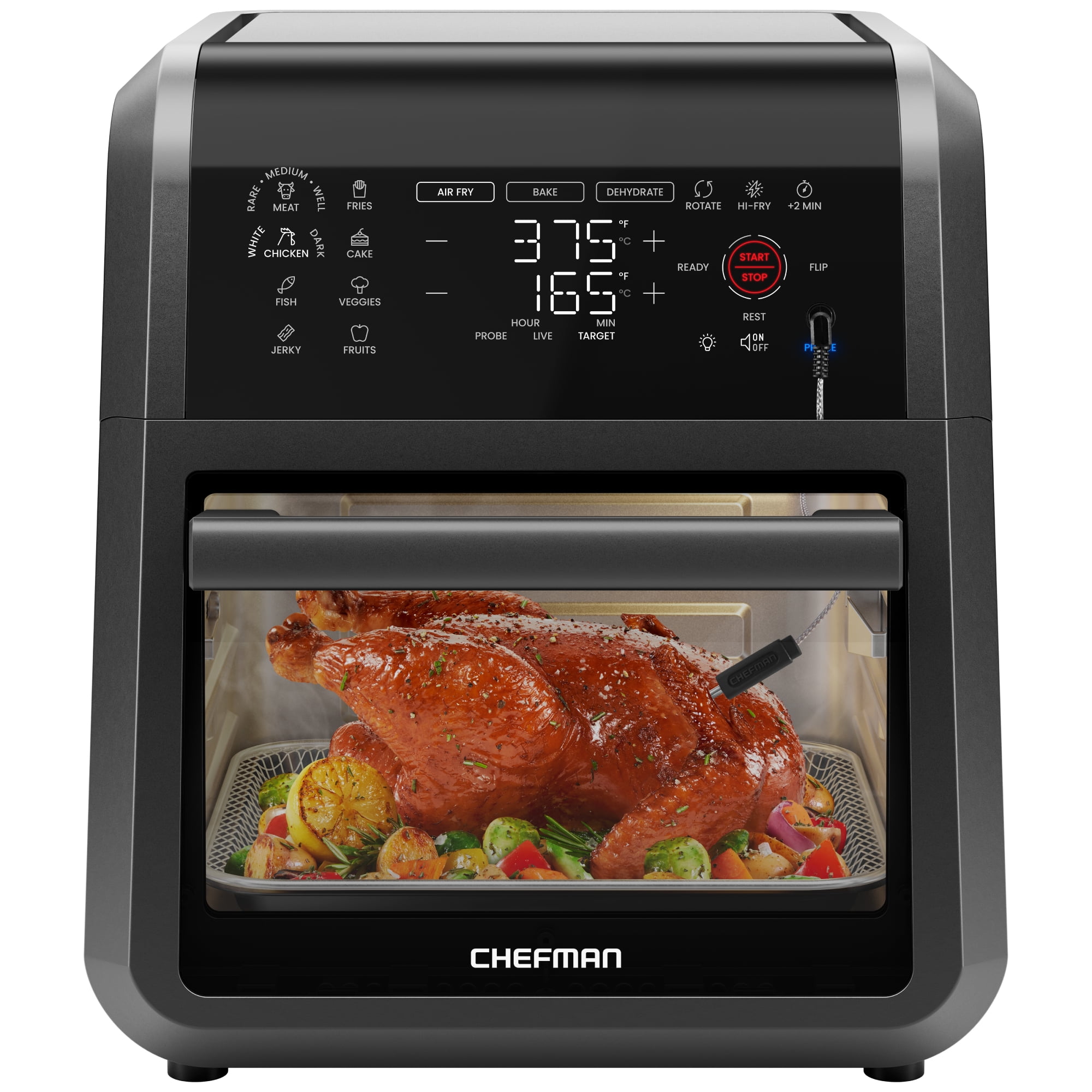 Chefman 12-quart black air fryer with integrated smart thermometer and digital controls
