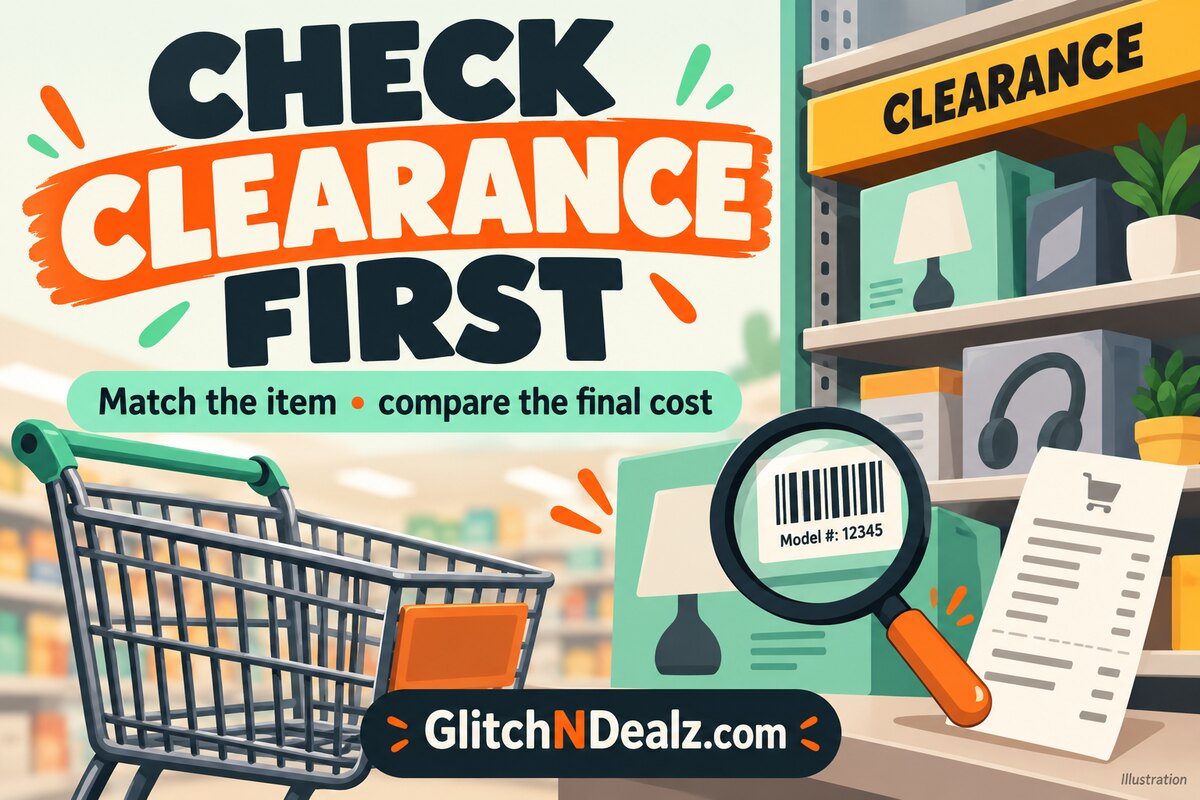 Illustration of a shopper checking a clearance item and its final cost
