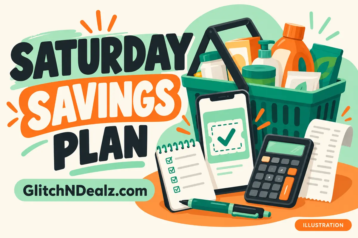 Illustration of a shopping basket, phone coupon, calculator and checklist for planning Dollar General Saturday savings