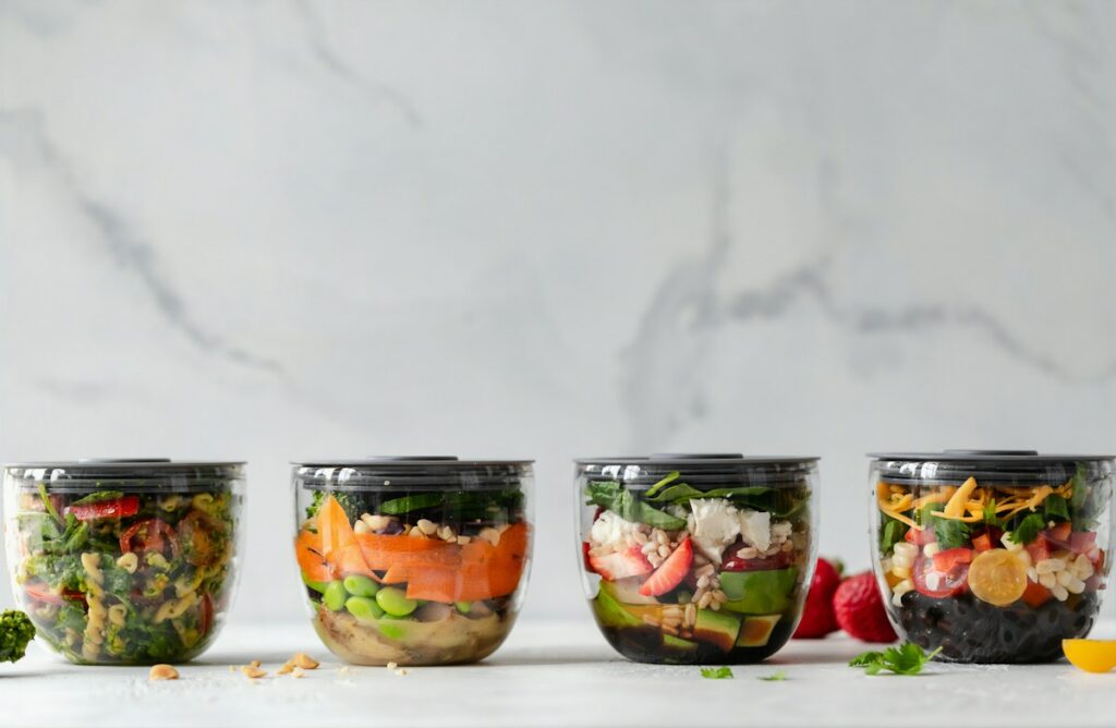 Food storage containers holding vegetables, illustrative kitchen photograph