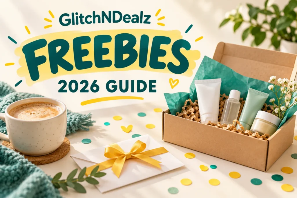 Illustration of a free sample box, coffee and gift envelope for checking freebie offer terms