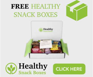 Healthy Snack Boxes authorized promotional banner showing a sample snack box; box contents and receipt are not guaranteed.