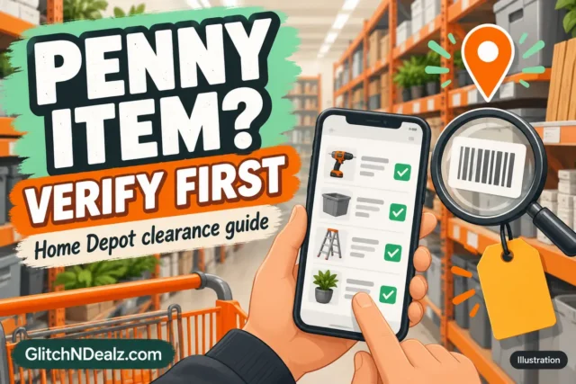 Illustration of a shopper verifying a rumored Home Depot penny item by SKU and store