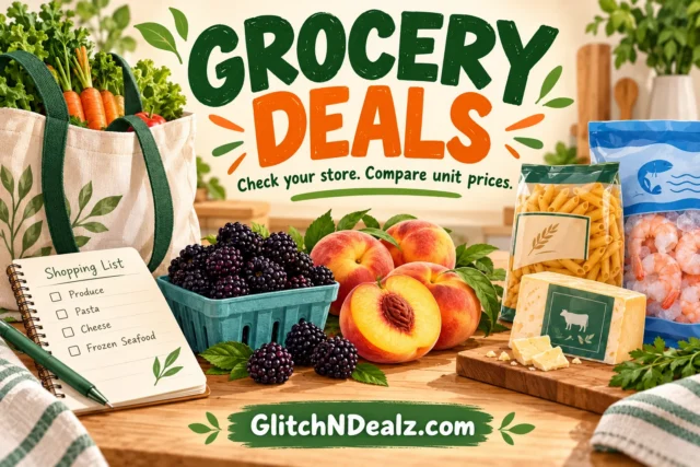 GlitchNDealz illustration for the October 2026 in-store grocery deals roundup