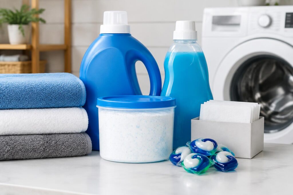 Illustration of laundry bottles, towels and detergent packets for a household unit-price guide; not a current offer.