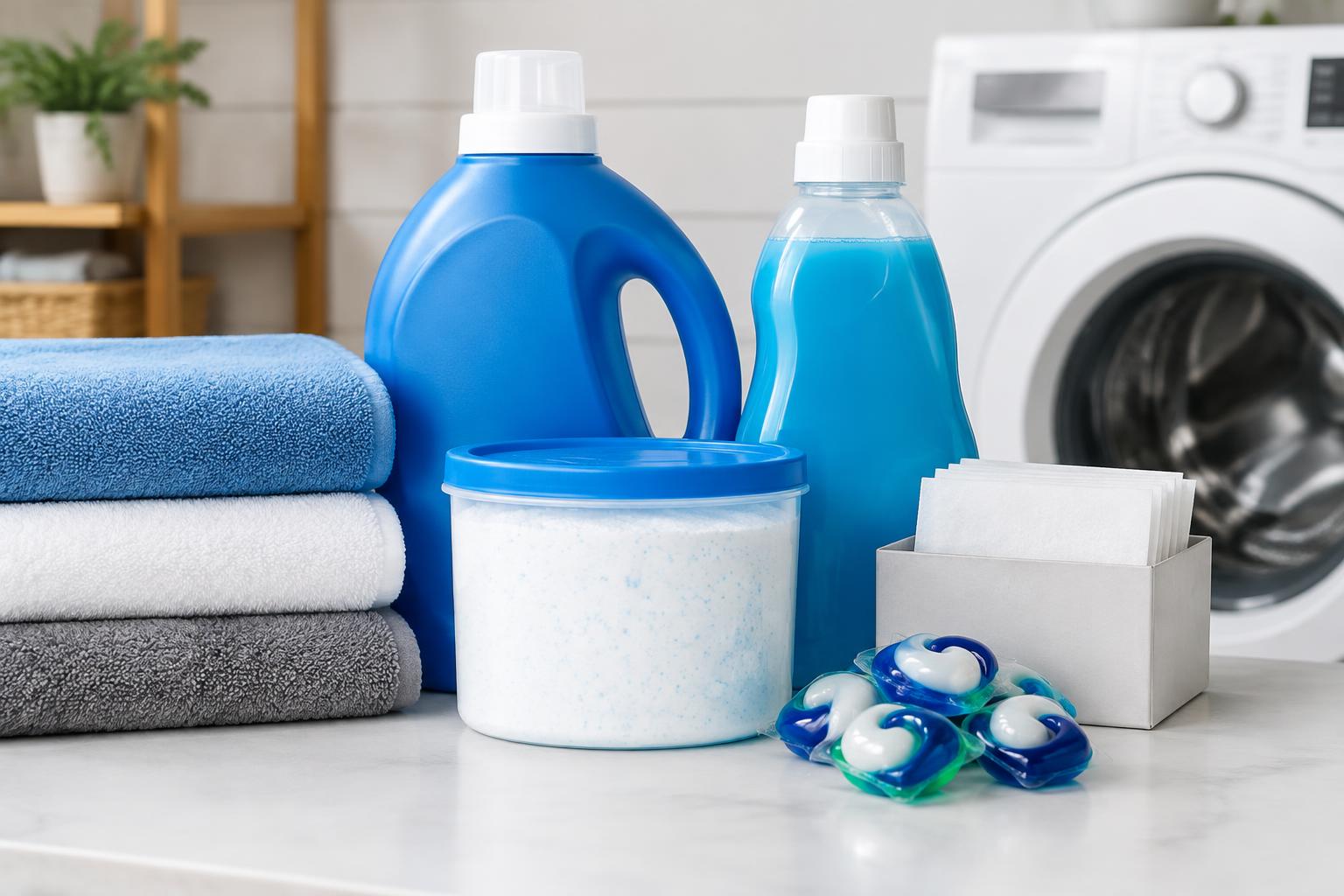 Illustrative laundry bottles, towels and detergent packets