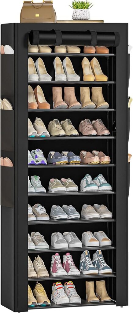 OYREL black ten-tier shoe rack with fabric cover and side pockets; shoes and accessories shown for illustration.