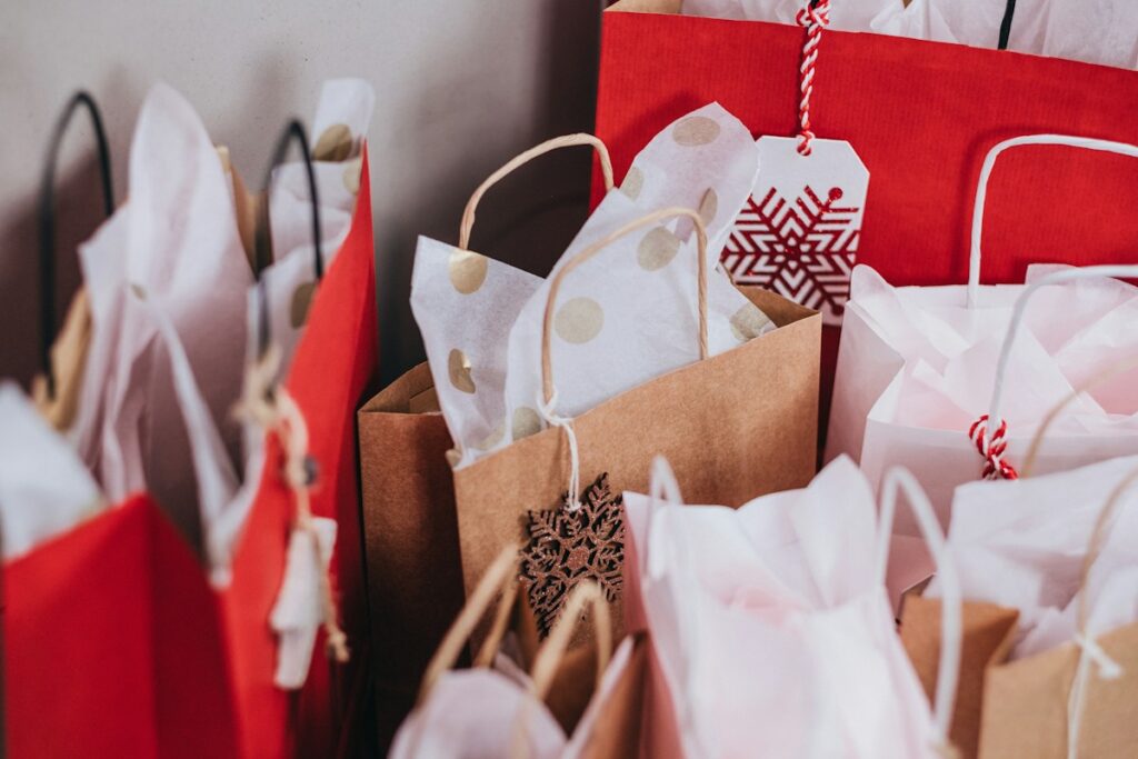 Paper gift bags arranged together, illustrative gift packaging photograph