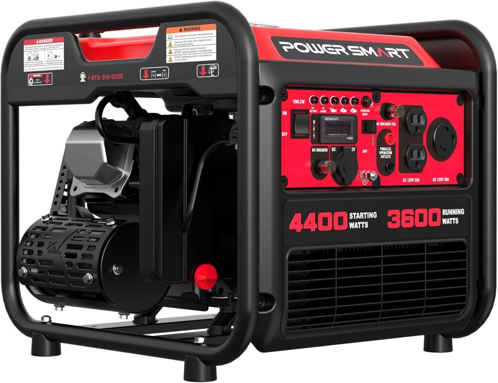 PowerSmart red and black open-frame inverter generator, rated 4400 starting watts and 3600 running watts
