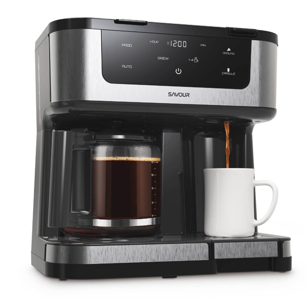 Savour dual coffee maker with glass carafe and single-serve brewing station